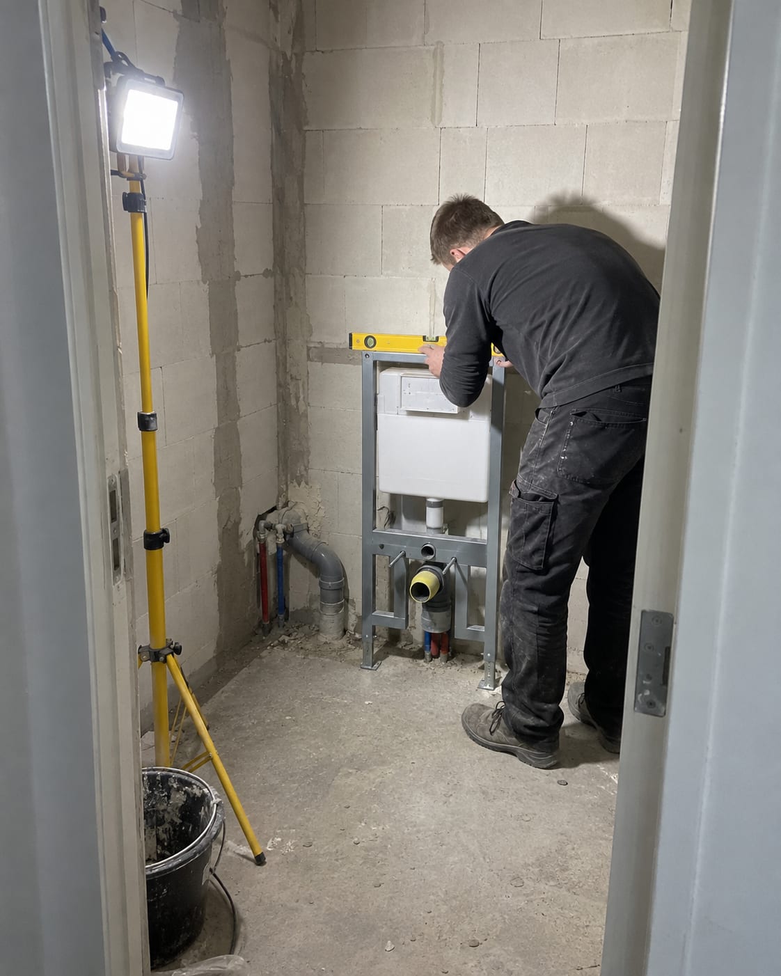 Een vakman stelt het inbouwreservoir van een hangend toilet waterpas