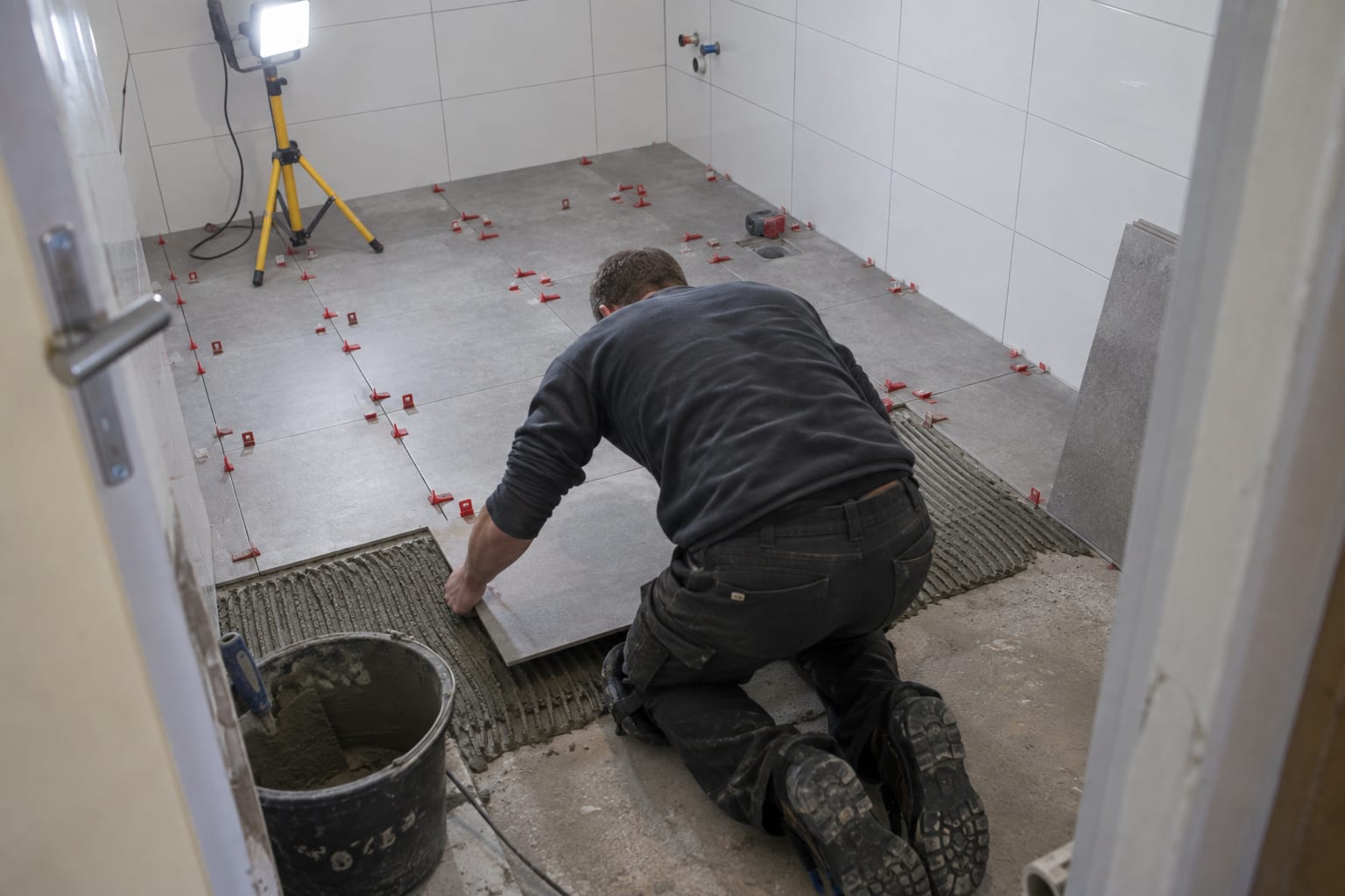 Een vakman legt nauwkeurig een grote grijze vloertegel in een badkamer