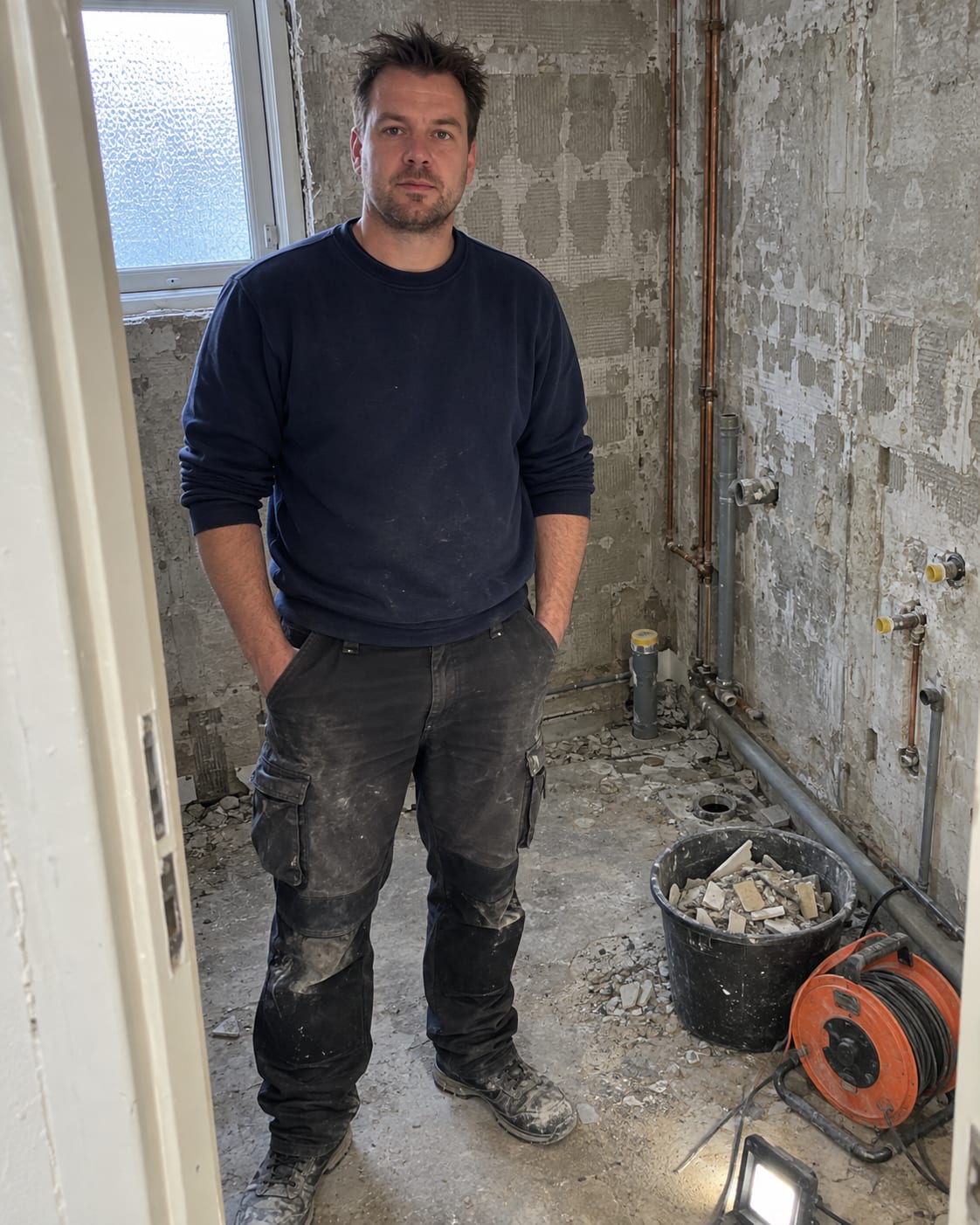De eigenaar in de deuropening van een badkamer die gestript is tot op het kale metselwerk